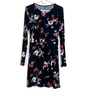 Bershka Floral Print Long Sleeves Dress M Black